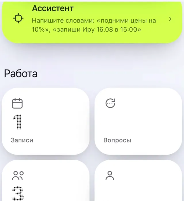 Экран панели: записи, клиенты и ассистент